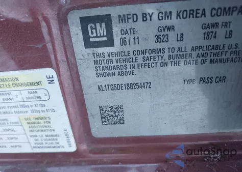 2011 Chevrolet Aveo 2Lt from USA, damaged, VIN KL1TG5DE1BB254472